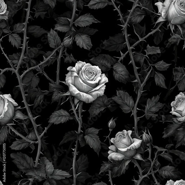 Fototapeta Seamless Pattern - Monochrome roses with thorns on a dark background.