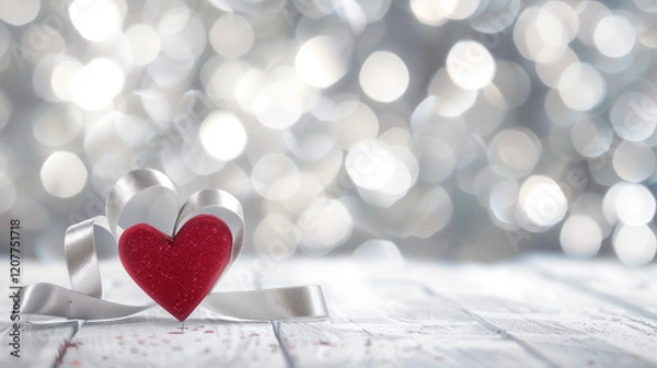 Fototapeta A small red glittery heart encircled by a silver ribbon, placed on a weathered wooden surface with a backdrop of soft, silver - toned bokeh lights. This charming composition exudes a romantic and fest