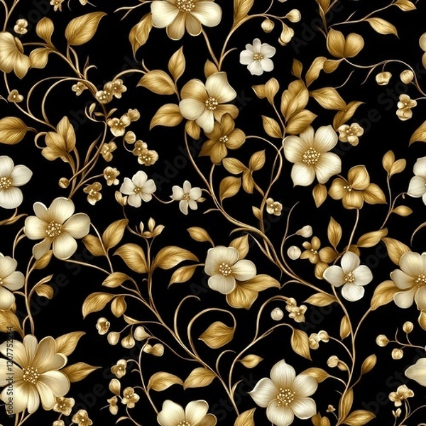 Obraz Seamless Pattern - Elegant gold and white floral pattern on black background.