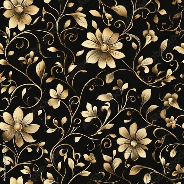 Obraz Seamless Pattern - Elegant gold floral pattern on black background.
