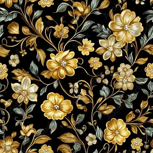 Obraz Seamless Pattern - Elegant gold floral pattern on black background