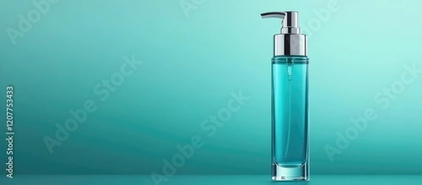 Fototapeta Elegant Minimalist Moisturizing Gel Cream Bottle with Silver Pump on Soft Aqua Background with Copy Space for Skincare Branding and Advertising