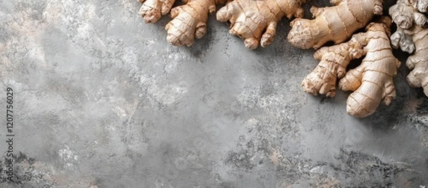 Fototapeta Organic Ginger Root Spice Arrangement on Grey Concrete Background with Natural Textures and Empty Copy Space for Culinary and Medicinal Use