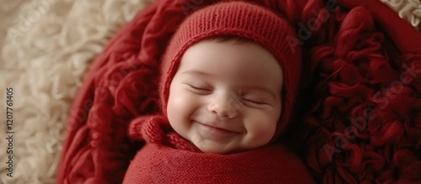 Obraz Joyful newborn baby bundled in vibrant red fabric, smiling contently on soft beige background with ample space for text placement.