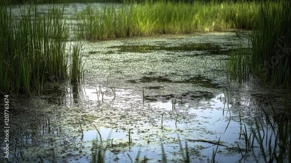 Fototapeta Murky water reflecting greenery in a rice field showcasing nature's wetlands and biodiversity in a national park setting
