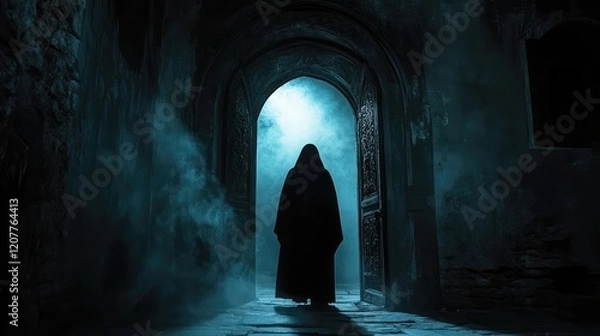 Fototapeta Mysterious hooded figure in dark cloak standing at foggy stone entrance illuminated by ethereal blue light in ancient archway setting