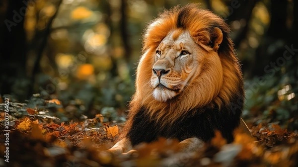 Fototapeta Majestic lion resting in a serene forest, surrounded by autumn foliage and soft sunlight
