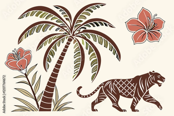 Fototapeta  Vintage Tropical Summer Shape Set with Palm Tree, Tiger, and Flower in Geometric Mosaic Style