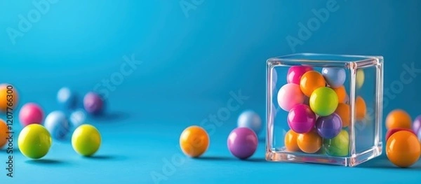 Fototapeta Colorful balls in various hues surrounding a transparent glass cube on a vibrant blue background with ample empty space for text and graphics.