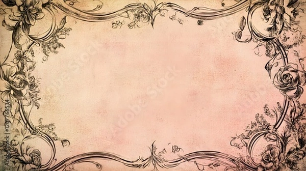Fototapeta A soft blush pink background with hand-drawn floral designs around the edges, empty space in the center