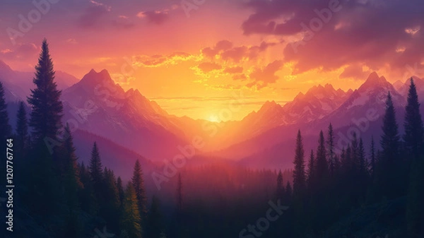 Fototapeta Realistic mountain landscape with morning fog and pine trees creating a serene hiking scene