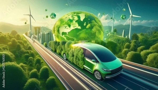 Fototapeta green technology logistics or sustainable transport concept travel with clean energy and eco friendly processes to net zero carbon emission ev electric vehicle circular green economy