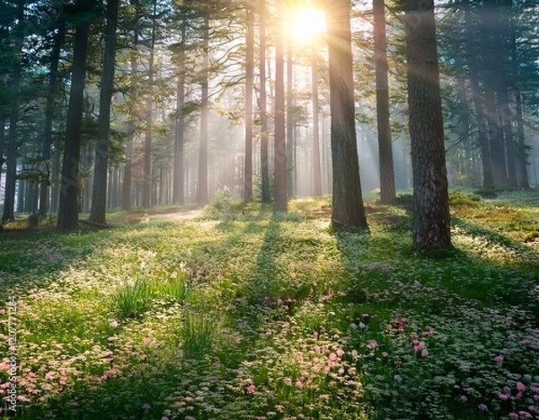 Fototapeta serene forest clearing with soft sunlight perfect pastel tone whimsical style high resolution professional create very detailed high quality