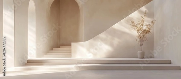 Fototapeta Minimalist living room interior featuring soft beige tones and natural light, showcasing elegant architectural details and a serene empty space for text.