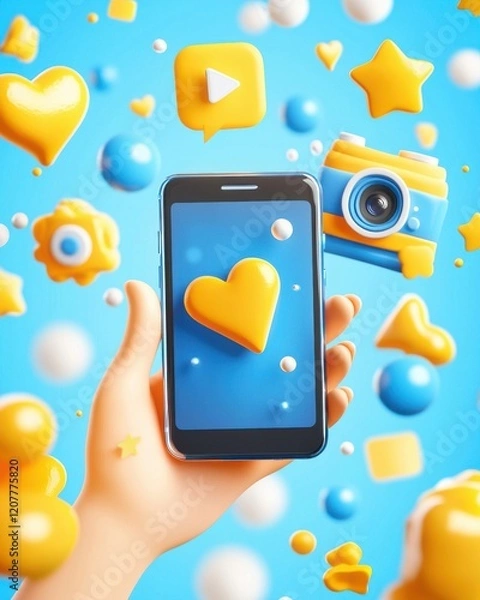 Obraz A colorful illustration of a hand holding a smartphone displaying a heart, surrounded by playful icons like stars and a camera against a bright blue background.