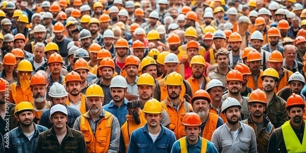 Fototapeta a large group of workers with safety helmets and safety vests stand together