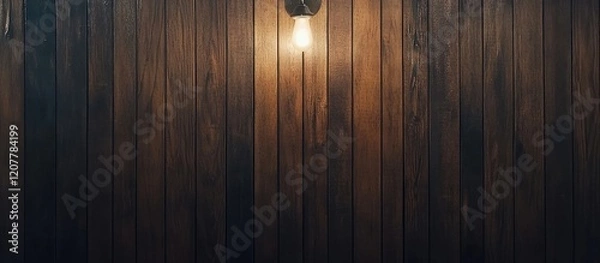 Fototapeta Wooden wall with warm light bulb illuminating the surface and ample copy space for text placement