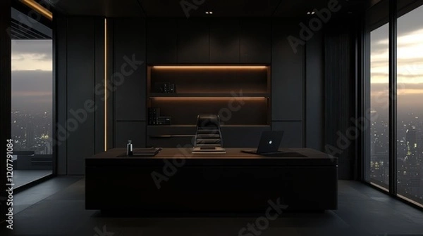Obraz A sleek and refined business interior with dark tones, featuring luxurious materials such as leather and polished wood.
