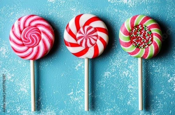 Fototapeta seamless of  Colorful lollypop candy with red stripes and sprinkles on blue mint background for holidays , isolated on white background,  , copy space for text,
