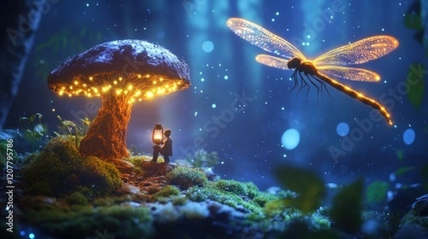 Fototapeta Enchanting fairy mushroom and glowing dragonfly scene in a mystical night forest landscape  Magical whimsical and surreal digital art composite with vibrant colors sparkling lights and a serene
