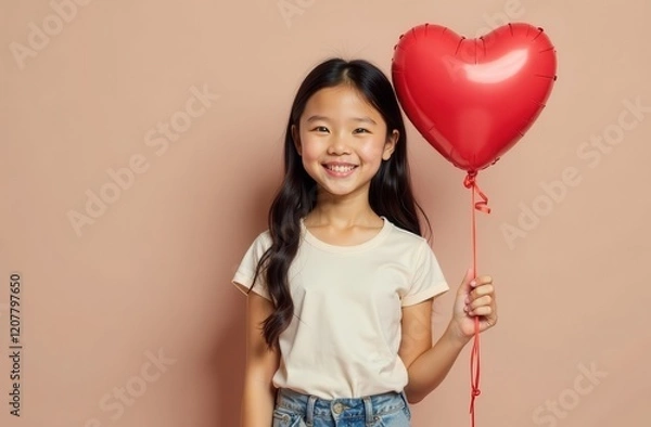 Obraz Portrait of cute asian girl with long hair holding heart shaped balloon on brown background. Perfect for valentine's day greetings. Space for text