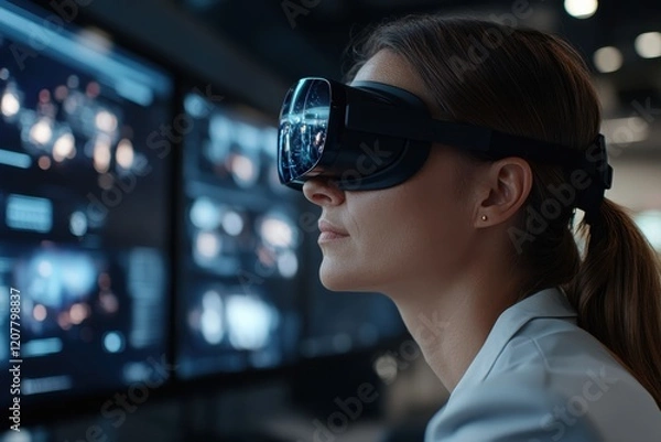 Fototapeta A woman with a VR headset oversees a sophisticated virtual reality interface, symbolizing the integration of advanced technology into daily life and the progression of interactive media.