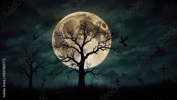 Fototapeta abstract spooky mixed media background with spooky silhouette of dark tree and crow on it, big moon rising, zombie time background. Generative AI 