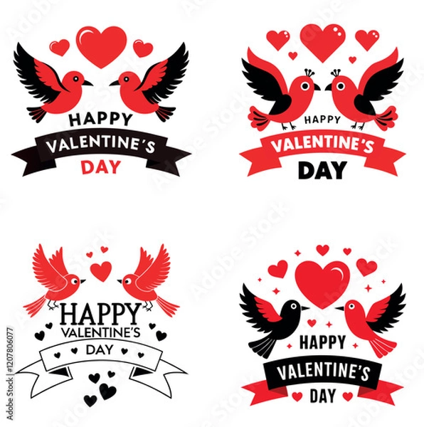 Obraz Set of Valentine's Day Lovebirds with Hearts and Ribbon Banners - Romantic Vector Designs