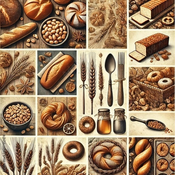 Fototapeta Bread and Pastries A warm collage of bread pastries and bakery i