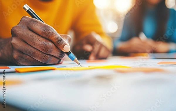 Fototapeta Creative brainstorming session with young entrepreneurs using sticky notes and pen. atmosphere is collaborative and focused, showcasing innovative ideas in action