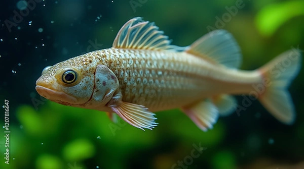 Obraz The freshwater fish displays vibrant colors as it swims through its underwater environment surrounded by green aquatic plants. Bubbles float around, adding to the lively atmosphere.