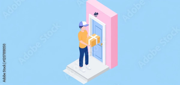 Fototapeta customer is standing at colorful door, holding package, ready to deliver it. scene conveys sense of anticipation and excitement