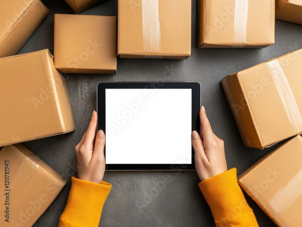 Fototapeta High angle view of woman holding tablet surrounded by cardboard boxes, showcasing online shopping and delivery excitement. scene captures essence of e commerce