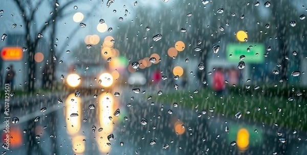 Obraz rainy street view through a wet window, blurred lights, urban landscape
