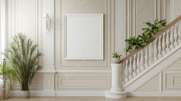 Fototapeta Elegant staircase area featuring large white mockup frame and lush greenery in stylish interior design setting