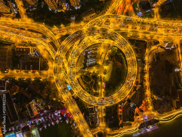 Obraz Aerial view of NanPu Bridge at night in Shanghai