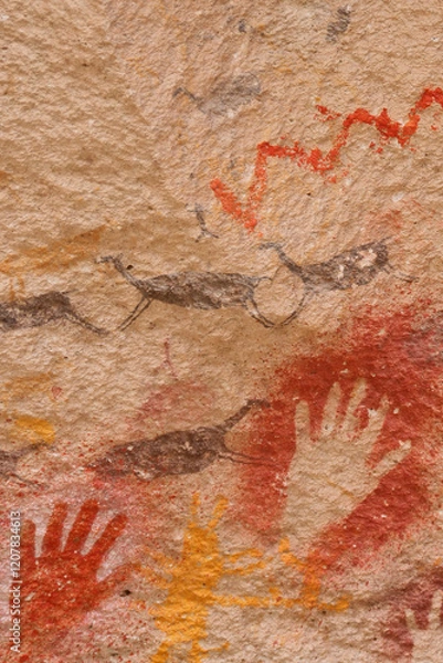 Fototapeta Vertical Image of Rock ledge on Rio Pinturas where famous rock paintings of handprints and animals are located. Location: Cueva de las Manos, UNESCO World Heritage Site, Patagonia, Argentina