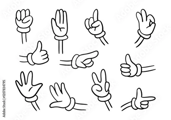 Fototapeta Groovy character body part, isolated hand of personage. Vector arm wearing gloves, gesturing and signs, non verbal communication. Raising fist and stop, indexing finger, and okay, peace and thumb up