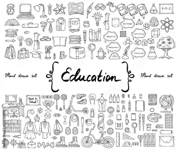 Fototapeta Vector set with hand drawn isolated doodles on the  theme of education