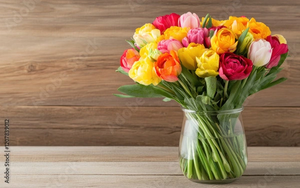 Fototapeta Vibrant bouquet of spring flowers in glass vase, showcasing colorful tulips and ranunculus, perfect for brightening any space