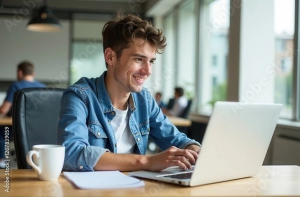 Obraz Happy man sitting at his desk working on laptop. Office work