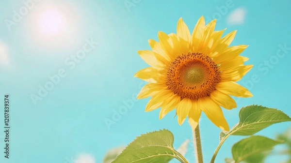 Fototapeta Vibrant sunflower blooming under clear blue sky, radiating warmth and joy. bright yellow petals contrast beautifully with serene backdrop, creating cheerful atmosphere