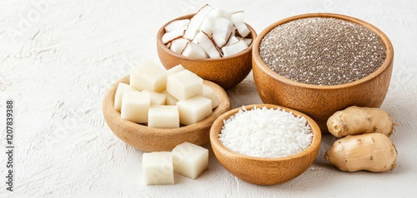 Fototapeta Natural ingredients including coconut, chia seeds, and ginger arranged in wooden bowls create vibrant display. Perfect for healthy recipes and cooking inspiration