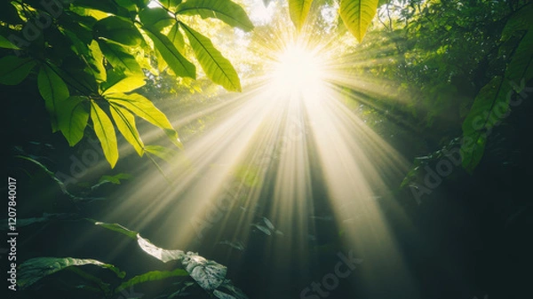 Fototapeta vibrant tropical rainforest with sunlight streaming through lush foliage, creating serene and peaceful atmosphere. interplay of light and leaves evokes sense of tranquility and connection to