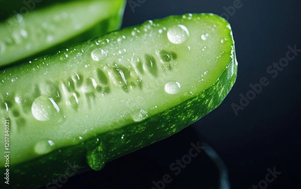 Fototapeta Fresh cucumber slice with water droplets, showcasing its vibrant green color and texture. macro shot highlights freshness and juiciness, perfect for culinary or health related themes
