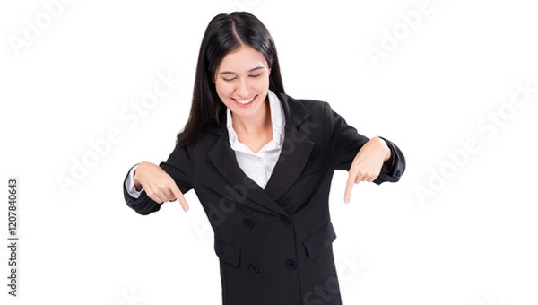 Fototapeta Cheerful young business woman in a black suit, smiling as she points downward with both hands. This image is ideal for emphasizing text, offers or promotional content