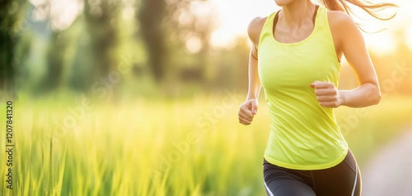 Fototapeta Young woman running through field of tall grass, enjoying fresh air and sunlight. vibrant green grass and warm sunlight create joyful atmosphere