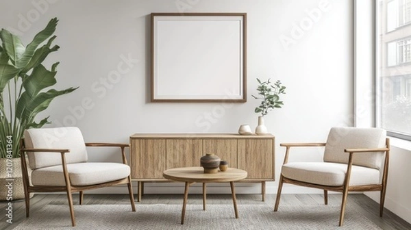 Fototapeta A stylish relax room interior featuring comfortable armchairs and a sideboard, with a mockup frame on the wall.