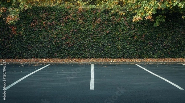 Obraz Empty parking lot with green hedge backdrop.