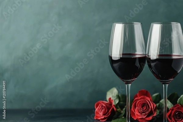 Fototapeta Two glasses of red wine and roses celebrating Valentine's Day